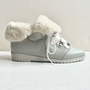La Canadienne Wedge Heel Boots Pale Dove Gray White Leather Shearling Size 7